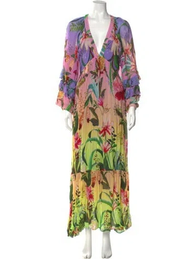 Pre-owned Farm Rio Floral Print Long Dress In Purple