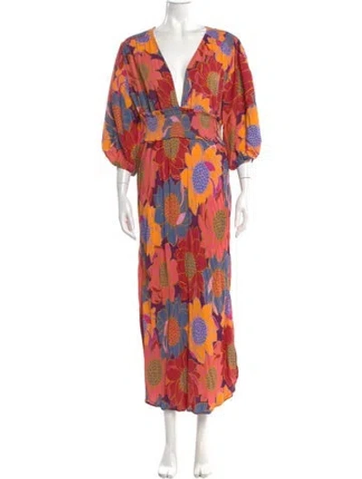 Pre-owned Farm Rio Floral Print Long Dress In Red