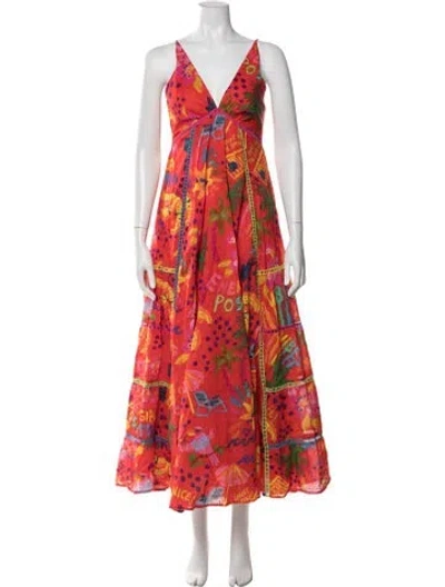 Pre-owned Farm Rio Floral Print Long Dress In Red