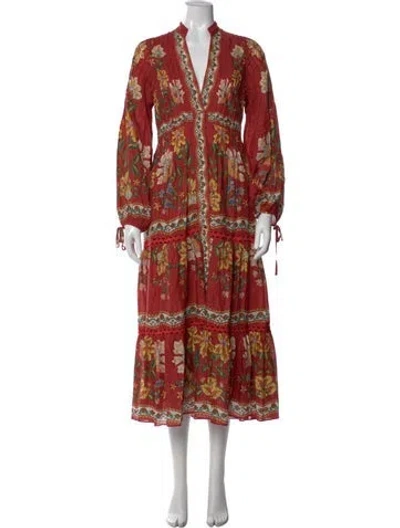 Pre-owned Farm Rio Floral Print Long Dress In Red