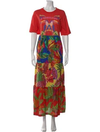 Pre-owned Farm Rio Floral Print Long Dress In Red