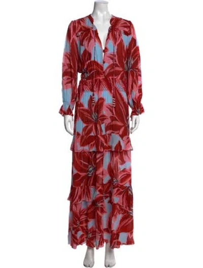 Pre-owned Farm Rio Floral Print Long Dress In Red