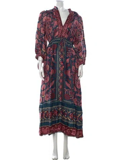 Pre-owned Farm Rio Floral Print Long Dress W/ Tags In Blue