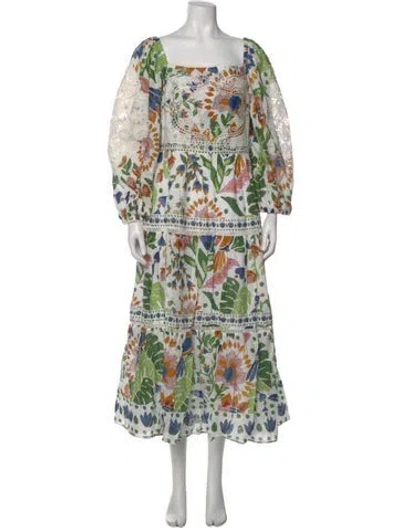Pre-owned Farm Rio Floral Print Long Dress W/ Tags In White