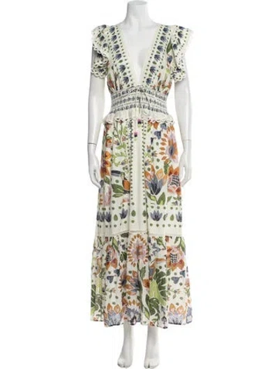 Pre-owned Farm Rio Floral Print Long Dress W/ Tags In White
