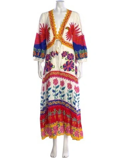 Pre-owned Farm Rio Floral Print Long Dress W/ Tags In White