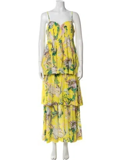 Pre-owned Farm Rio Floral Print Long Dress W/ Tags In Yellow