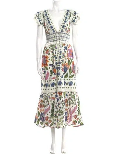 Pre-owned Farm Rio Floral Print Long Dress In White
