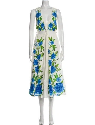 Pre-owned Farm Rio Floral Print Long Dress In White