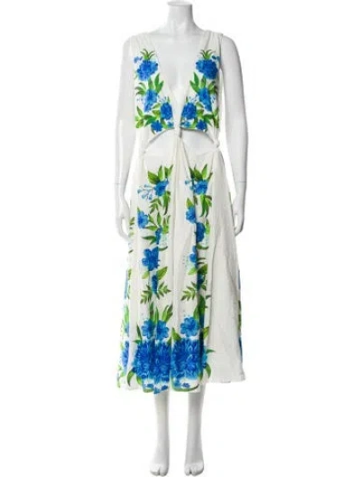 Pre-owned Farm Rio Floral Print Long Dress In White