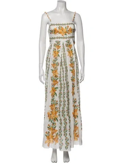 Pre-owned Farm Rio Floral Print Long Dress In White
