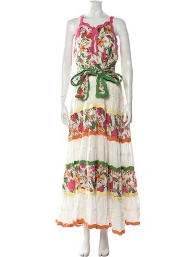Pre-owned Farm Rio Floral Print Long Dress In White