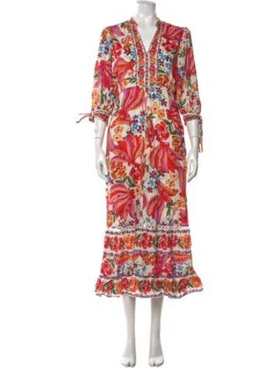 Pre-owned Farm Rio Floral Print Long Dress In White