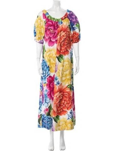 Pre-owned Farm Rio Floral Print Long Dress In White
