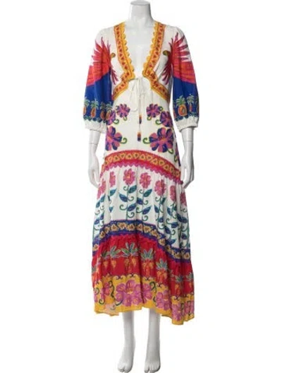 Pre-owned Farm Rio Floral Print Long Dress In White