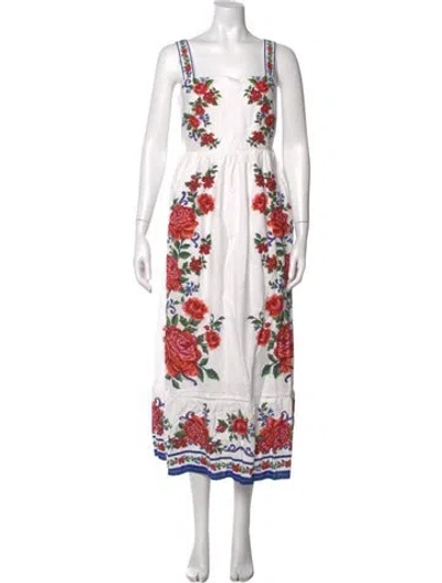Pre-owned Farm Rio Floral Print Long Dress In White