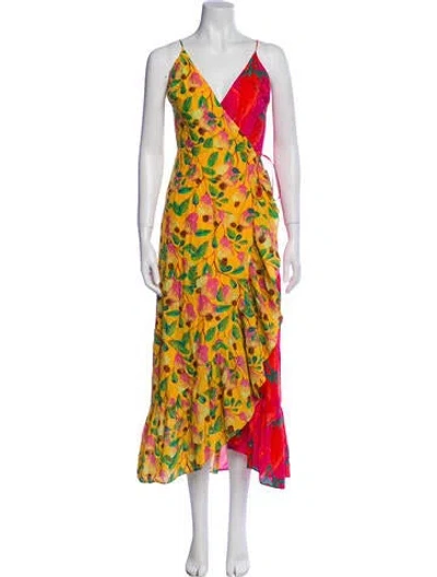Pre-owned Farm Rio Floral Print Long Dress In Yellow
