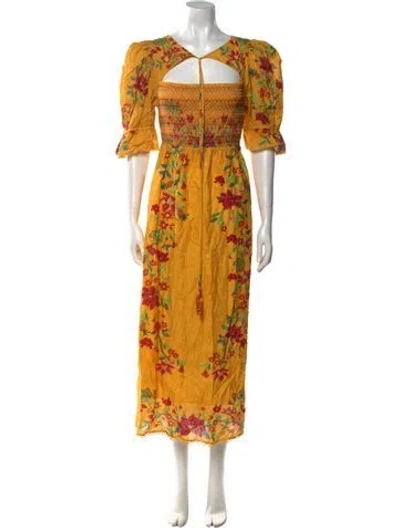Pre-owned Farm Rio Floral Print Long Dress In Yellow