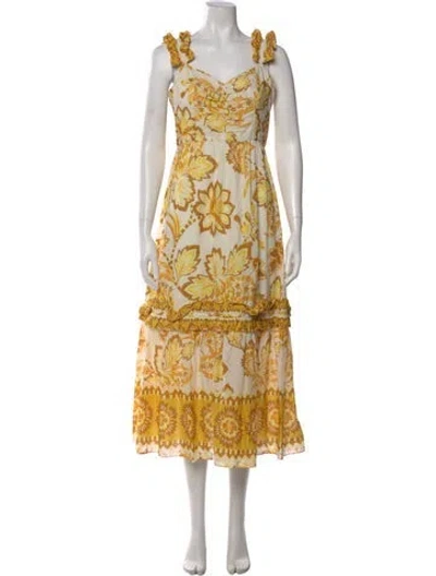 Pre-owned Farm Rio Floral Print Long Dress In Yellow