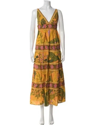 Pre-owned Farm Rio Floral Print Long Dress In Yellow