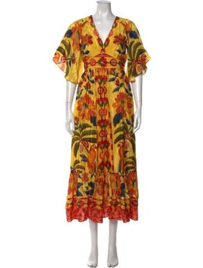 Pre-owned Farm Rio Floral Print Long Dress In Yellow