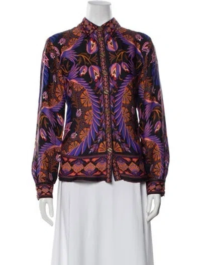 Pre-owned Farm Rio Floral Print Long Sleeve Blouse In Black