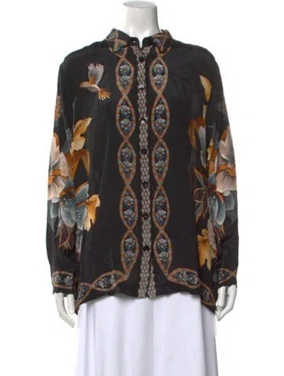 Pre-owned Farm Rio Floral Print Long Sleeve Blouse In Black