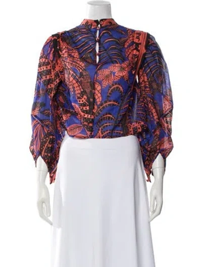 Pre-owned Farm Rio Floral Print Long Sleeve Blouse In Blue