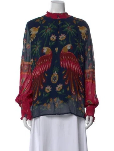 Pre-owned Farm Rio Floral Print Long Sleeve Blouse In Blue