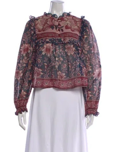 Pre-owned Farm Rio Floral Print Long Sleeve Blouse In Blue