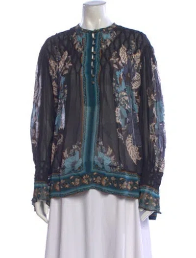 Pre-owned Farm Rio Floral Print Long Sleeve Blouse In Blue