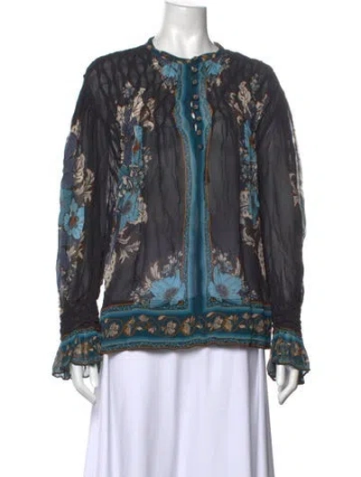 Pre-owned Farm Rio Floral Print Long Sleeve Blouse In Blue