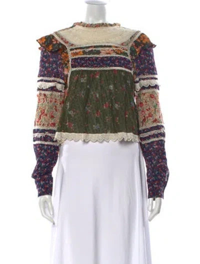Pre-owned Farm Rio Floral Print Long Sleeve Blouse In Multicolor