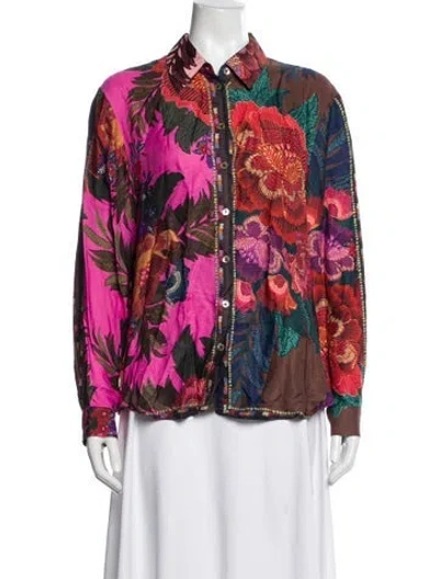 Pre-owned Farm Rio Floral Print Long Sleeve Blouse In Pink