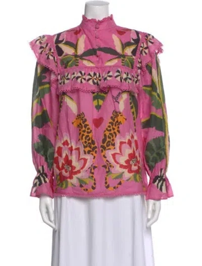 Pre-owned Farm Rio Floral Print Long Sleeve Blouse In Pink