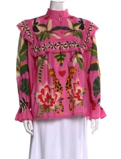 Pre-owned Farm Rio Floral Print Long Sleeve Blouse In Pink