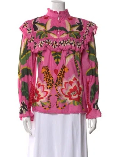 Pre-owned Farm Rio Floral Print Long Sleeve Blouse In Pink