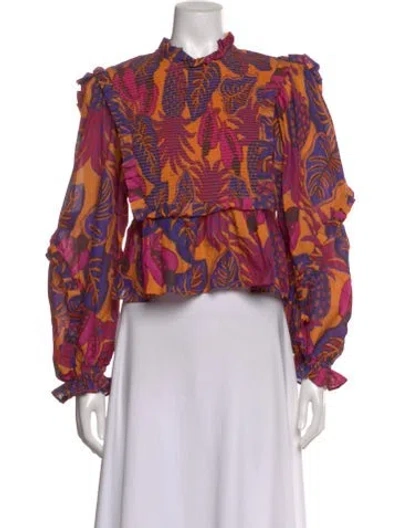 Pre-owned Farm Rio Floral Print Long Sleeve Blouse In Purple