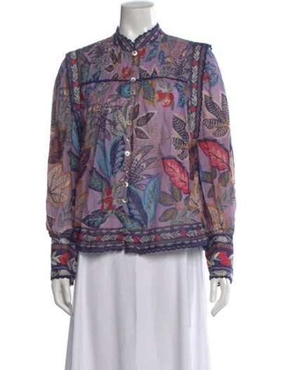 Pre-owned Farm Rio Floral Print Long Sleeve Blouse In Purple