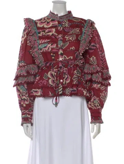 Pre-owned Farm Rio Floral Print Long Sleeve Blouse In Red