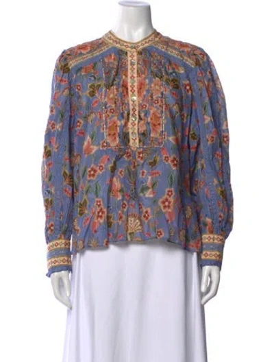 Pre-owned Farm Rio Floral Print Long Sleeve Blouse W/ Tags In Blue