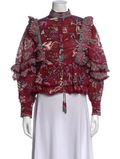 Pre-owned Farm Rio Floral Print Long Sleeve Blouse W/ Tags In Red