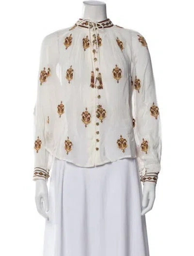 Pre-owned Farm Rio Floral Print Long Sleeve Blouse W/ Tags In White