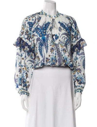 Pre-owned Farm Rio Floral Print Long Sleeve Blouse In White