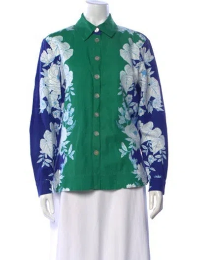 Pre-owned Farm Rio Floral Print Long Sleeve Button-up Top In Blue