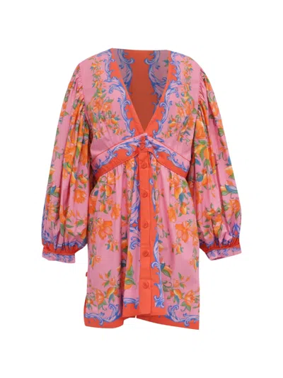 Pre-owned Farm Rio Floral-print Long-sleeve Dress In Pink