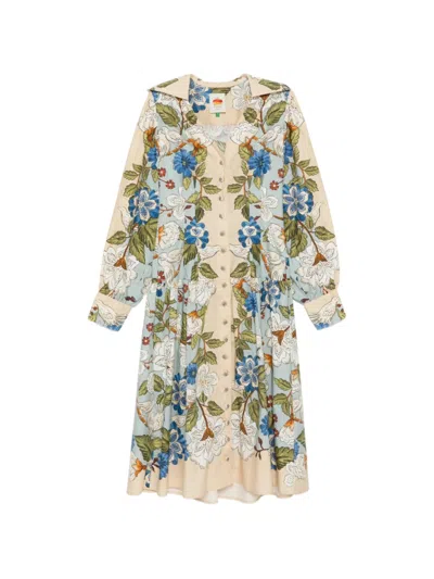Farm Rio Floral Print Long Sleeve V-neck Dress With Front Button Fastening In Blue