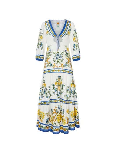 Farm Rio Floral Print Midi Dress With V-neck Drawstring And Wide Three-quarter Sleeves In Multi