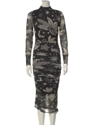 Pre-owned Farm Rio Floral Print Midi Length Dress In Black