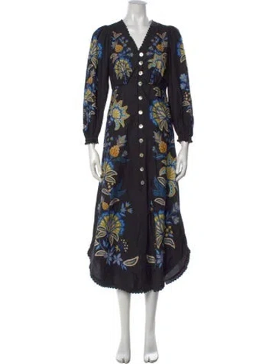 Pre-owned Farm Rio Floral Print Midi Length Dress In Black
